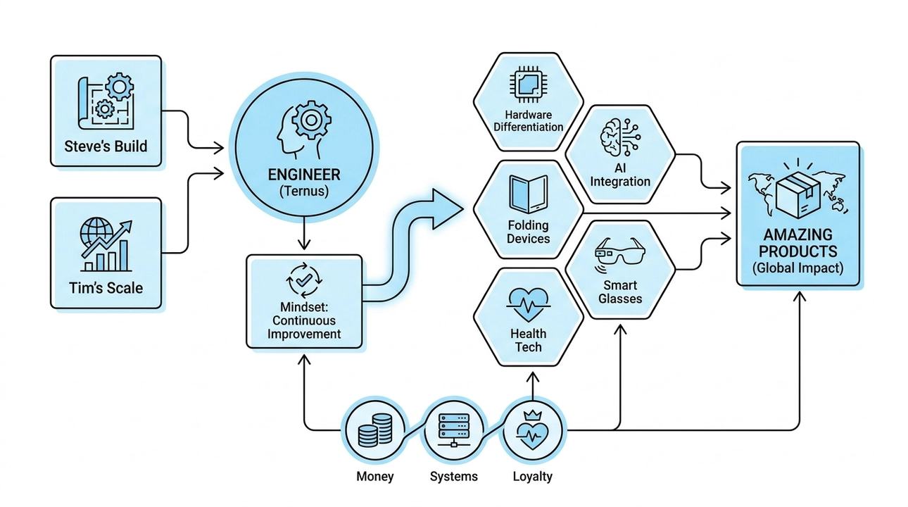 Act Three: The Engineer John Ternus (2026–?) Ternus is not a Visionary conjuring new categories from thin air. He is not an Operator building financial systems and supply chains. He is something rarer at the top of a $4 trillion company: a deeply technical insider who spent 25 years absorbing everything Steve built and everything Tim scaled, and who now has the mandate to make it all excellent. His stated philosophy: “We never think about shipping a technology. We always think about how can we leverage technology to ship amazing products.” That is the Engineer’s mindset. Not invention. Not operations. Continuous improvement: rigorous, product-first, quality-obsessed. Analysts are already pointing to what this means: more hardware differentiation, better AI integration into physical products, a push into folding devices, smart glasses, and health technology. The money is there. The systems are there. The brand loyalty is there. Now the job is to make products so good the world cannot ignore them.