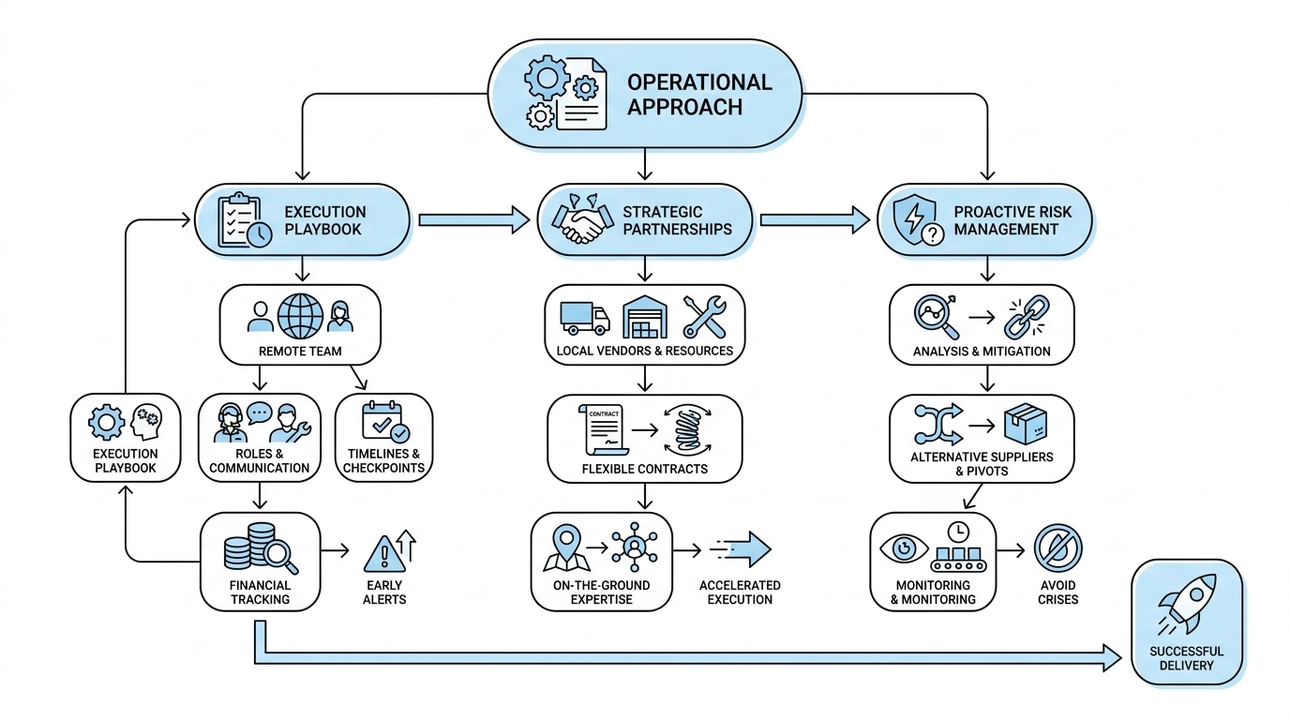 Operational approach: playbook, partnerships, risk management, and financial discipline.