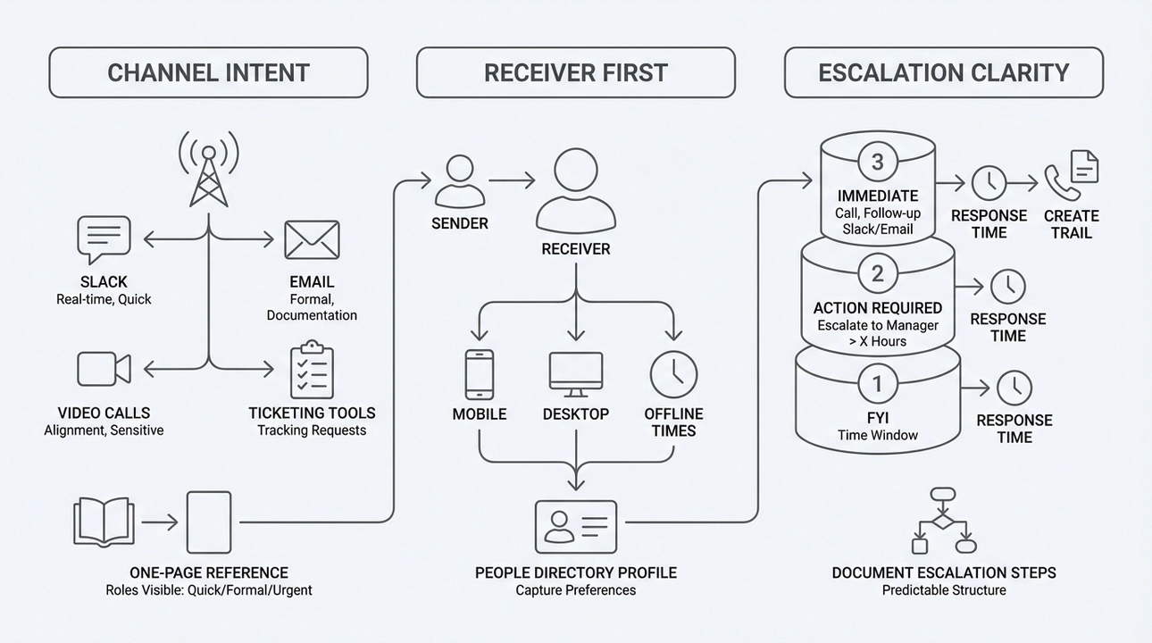 Communication workflow: Channel, Receiver, Escalation.