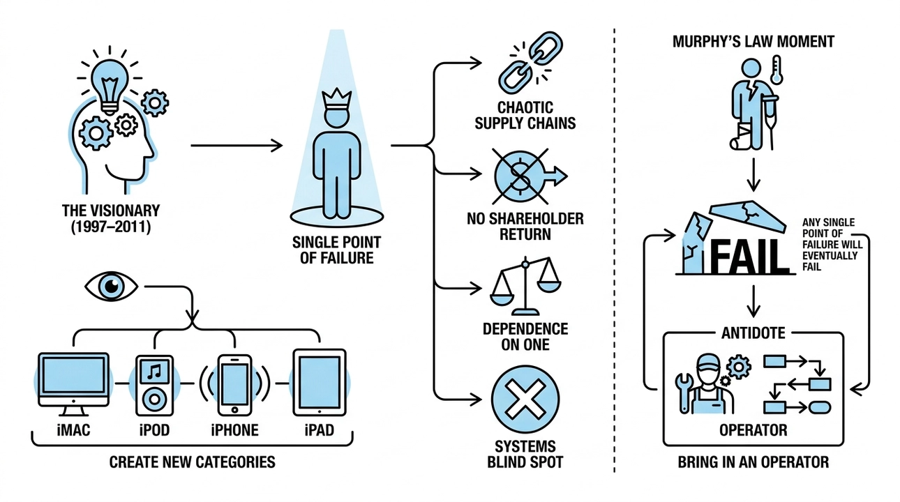Act One: The Visionary Steve Jobs (1997–2011) Steve did not return to Apple in 1997 to manage a company. He returned to reimagine one. His job was to create entirely new categories from nothing: the iMac, the iPod, the iPhone, the iPad. He operated on instinct, culture, and an almost irrational conviction about what people would want before they knew they wanted it. His superpower was vision. His blind spot was systems. Apple under Jobs was a company that ran on the brilliance of one person. Supply chains were chaotic. There was no shareholder return program. The organization depended heavily, dangerously, on Jobs himself. Murphy’s Law MomentWhen Jobs fell ill and eventually stepped down in 2011, the fear was not that Apple had bad products. It was that Apple was Steve. If something could go wrong with the man, everything around him would too. This is Murphy’s Law at the organizational level: any single point of failure will eventually fail. The Visionary, by design, is a single point of failure. Another example is Elon, Tesla and X. The antidote: you do not replace a Visionary with another Visionary. You bring in an Operator.