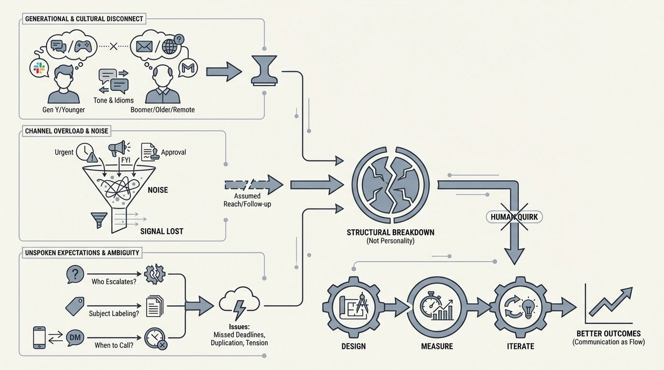 Communication breakdowns: Generational, channel overload, unspoken expectations.