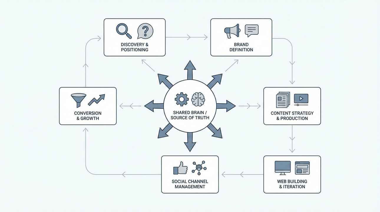 Agentic agency: Specialized agents, shared brain, coordinated workflow.