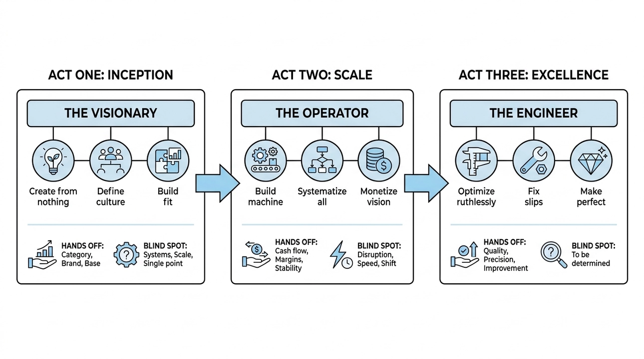 The Framework: Three Leaders, Three Stages Act One (Inception): The VisionaryPrimary job: Create something from nothing. Define the culture. Build product-market fit.Hands off: A category, a brand, a loyal customer baseBlind spot: Systems, scale, single point of failure Act Two (Scale): The OperatorPrimary job: Build the machine. Systematize everything. Monetize the vision.Hands off: Cash flow, margins, ecosystems, stabilityBlind spot: Disruption, speed, the next platform shift Act Three (Excellence): The EngineerPrimary job: Optimize ruthlessly. Fix what slipped. Make the product perfect.Hands off: Quality, precision, continuous improvementBlind spot: To be determined, this act is just beginning
